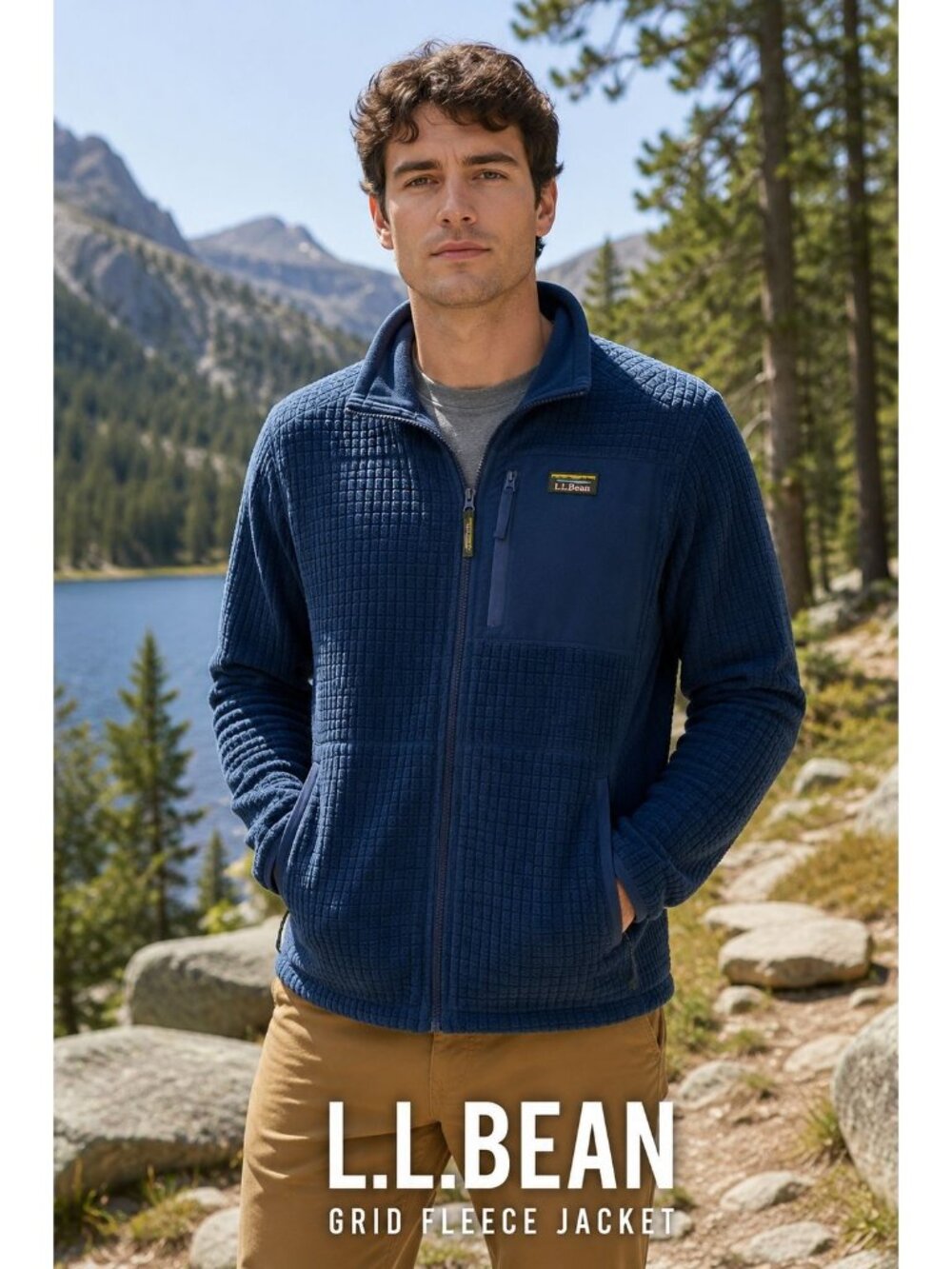 L.L.Bean  Men's Grid Fleece Full Zip Jacket L Blue Hiking Outdoor Trail